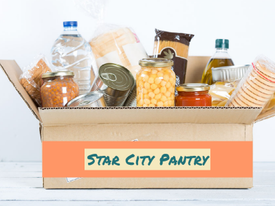 Box of food items with Star city Pantry taped onto front