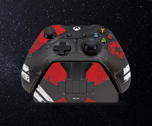 The Purge Trooper Controller rests on a matching stand against an outer-space background.