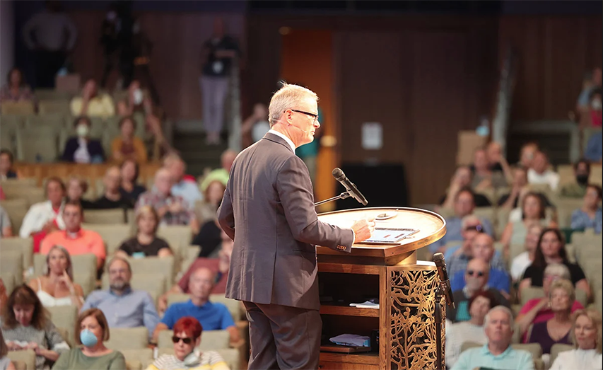 The Rev. Adam Hamilton, senior pastor, introduces the Conversation on Faith and Abortion on July 27 at the United Methodist Church of the Resurrection in Leawood, Kan. Photo by Tom Bradley.