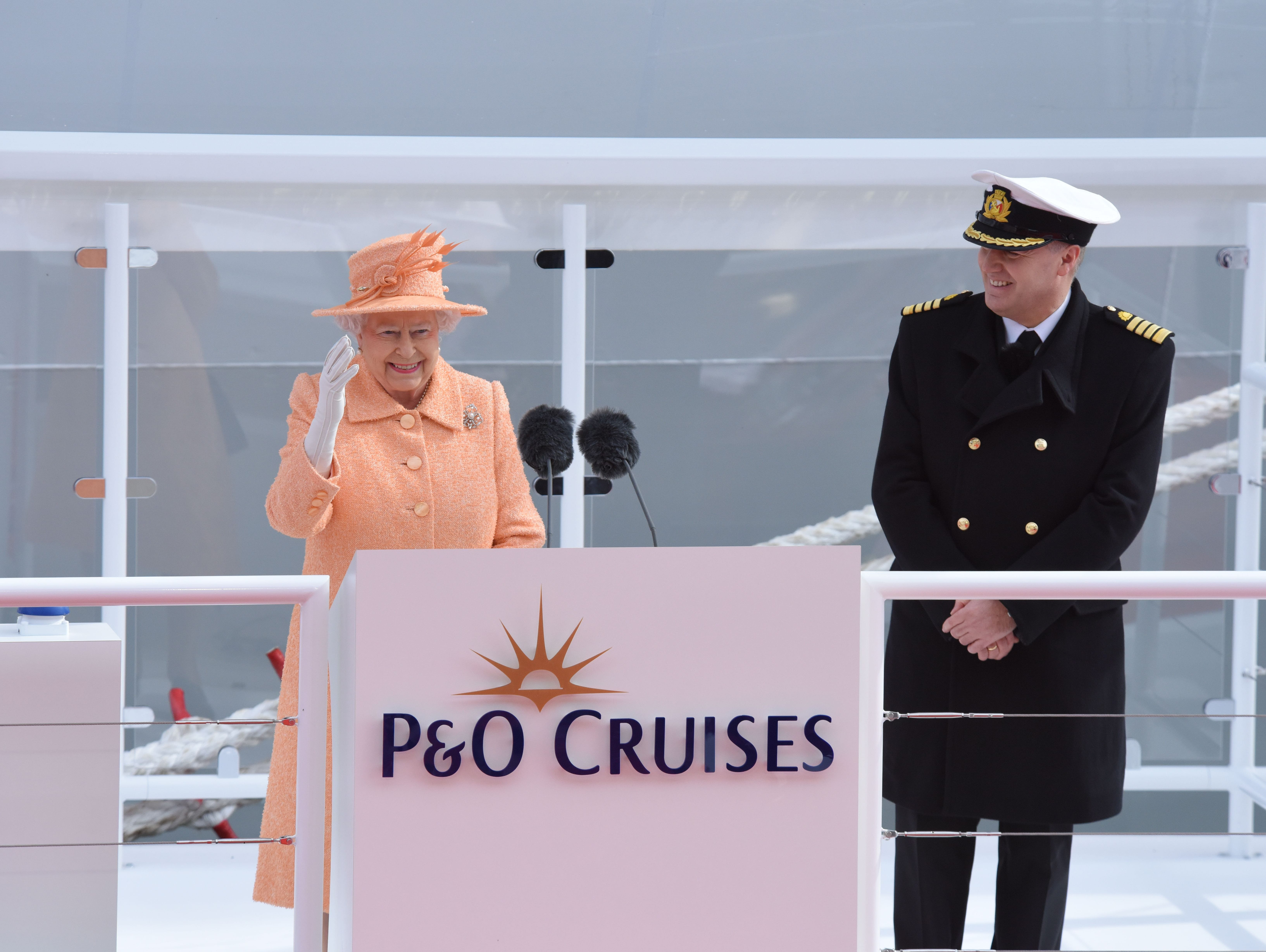 Britain's Queen Elizabeth officially names P&O Cruises new flagship, the 143,000-ton Britannia at a ceremony in Southampton, England on March 10, 2015.