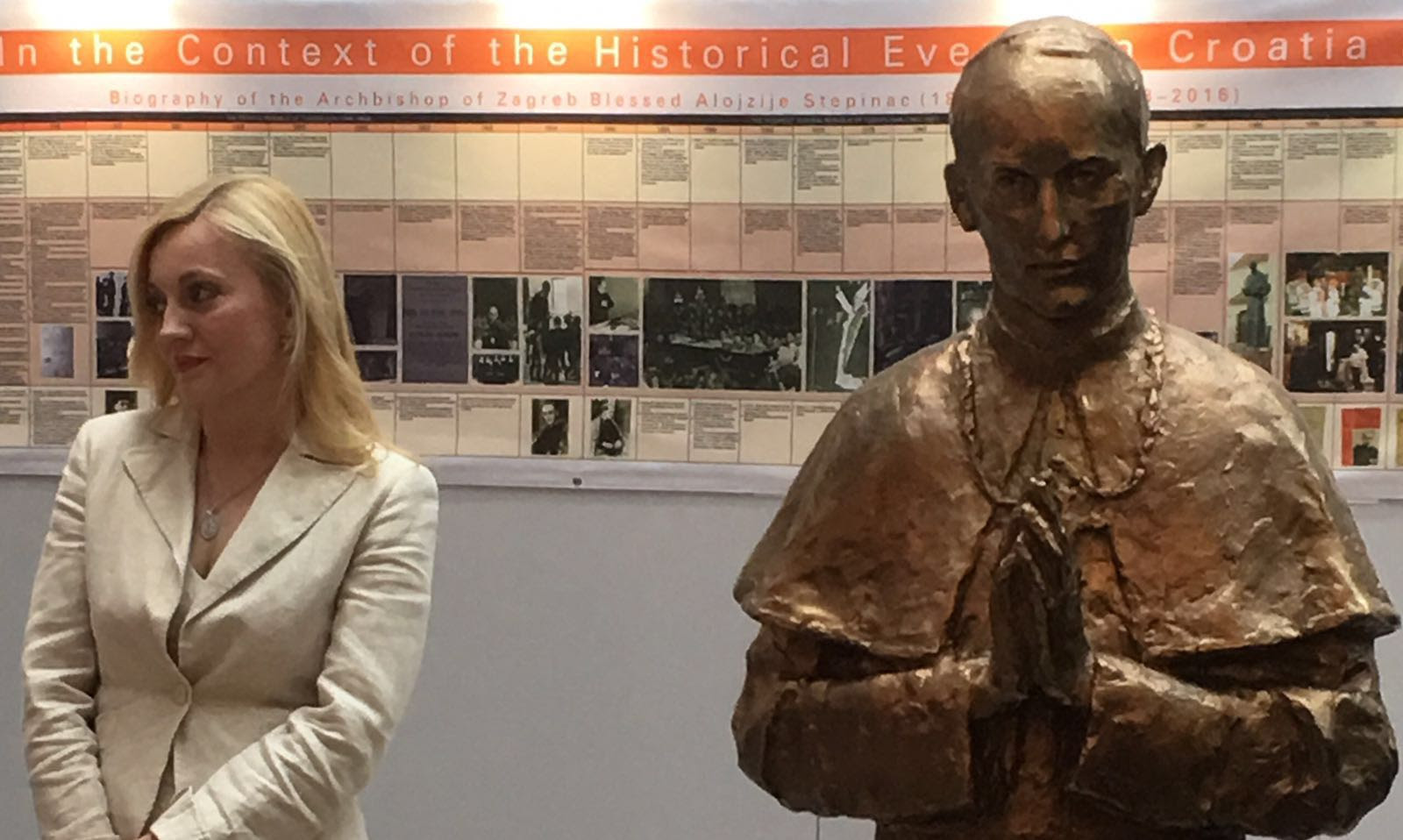 Marijana Petir, MEP in Brussels 14 June 2016 at side of statue of Blessed Alojzije Stepinac 