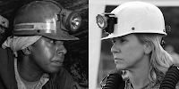 Black and white photos of women miners wearing mine helmets.