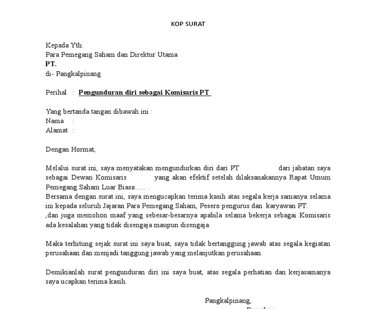 Contoh Surat Pengunduran Diri Pemegang Saham Berbagi Contoh Surat