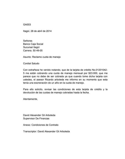 Ejemplo De Carta Reclamo A Un Banco - Colección de Ejemplo