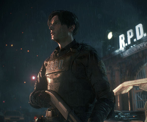 Leon S. Kennedy standing outside the Raccoon City Police Department