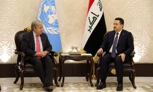El Secretario General António Guterres y el primer ministro de Iraq, Mohammed Shia al-Sudani, durante su encuentro en Bagdad.