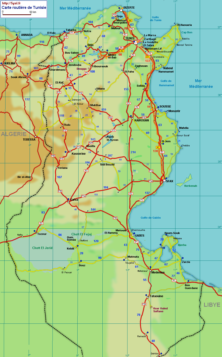 Trouvez des annonces immobilier de location de maisons, appartements, appart à gabes ,gafsa ,jendouba ,kairouan ,kasserine ,kebili ,le kef ,kram, les jardins d'el menzah, les jardins de carthage, menzah, manar, soukra, carrefour, ain zaghouan et toute la tunisie. Carte Routiere Detaillee De Tunisie Avec Kilometrage