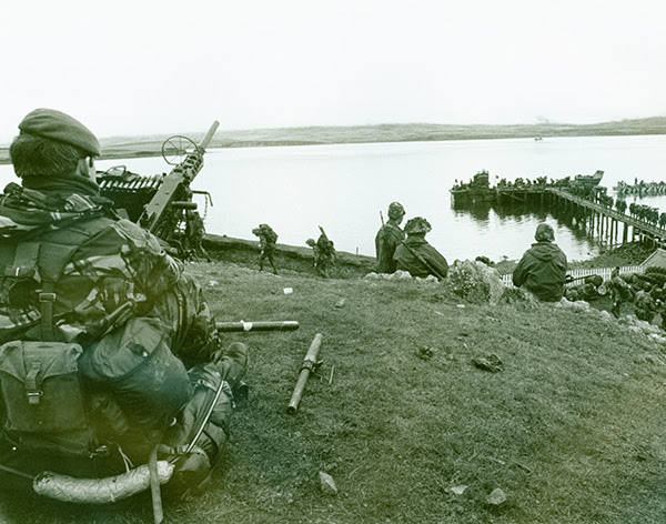 Providing gun cover for troops coming ashore, San Carlos, 1982