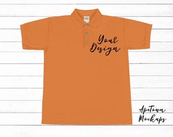 Download Orange polo Blank Shirt Mock Up | Wood Background | men's ...