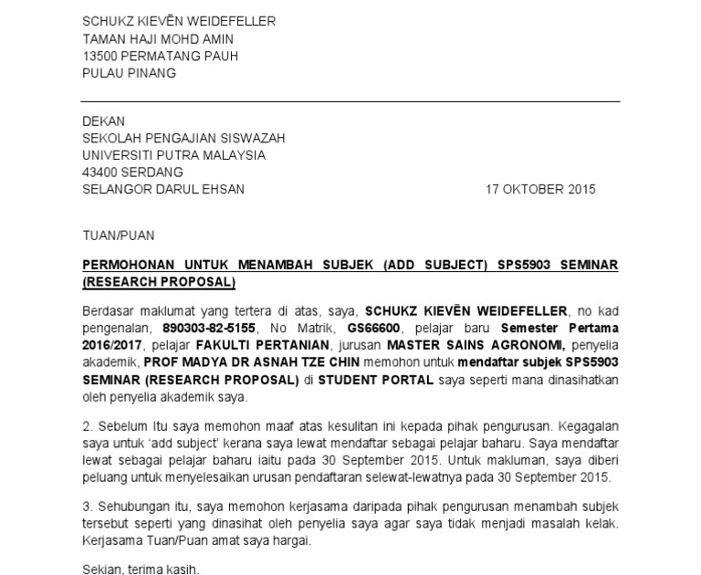 Contoh Surat Rasmi Drop Subjek - Bpaskah