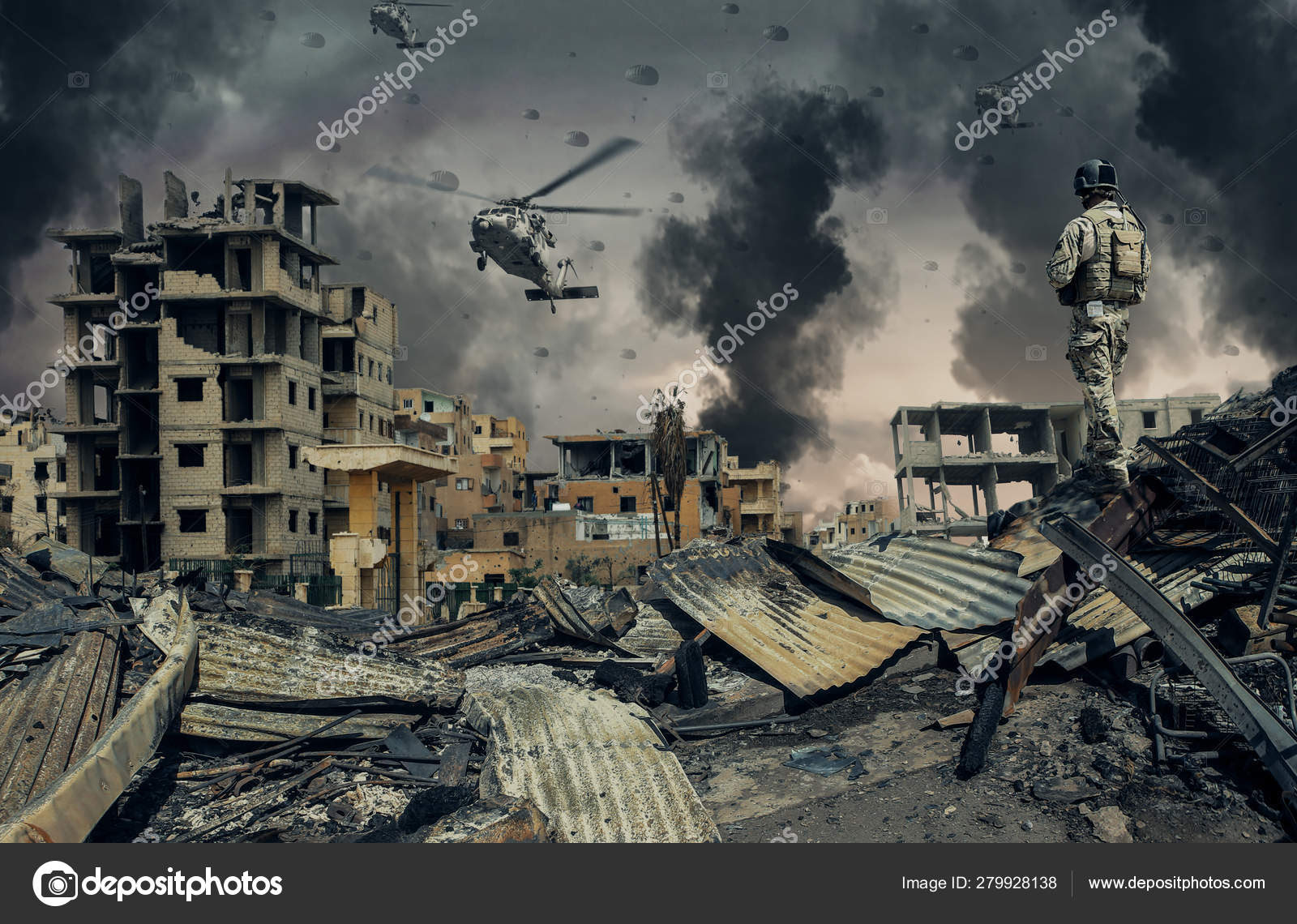 Military Forces Helicopters Destroyed City — Stock Photo, Image