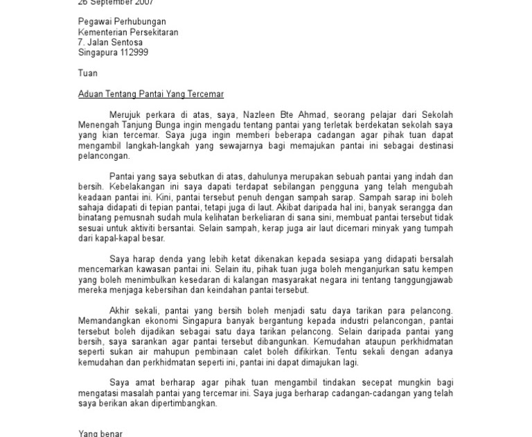 Contoh Surat Rasmi Aduan Kepada Majlis Perbandaran