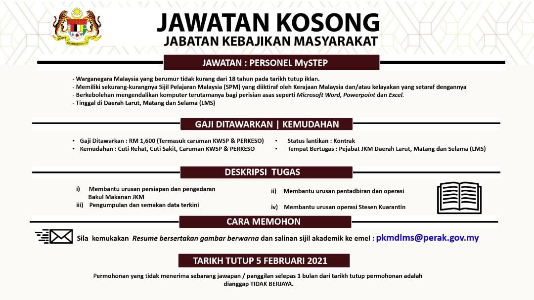 Jabatan kesihatan daerah kuala kangsar. Iklan Jawatan Pejabat Kebajikan Masyarakat Daerah Larut Matang Dan Selama Portal Kerja Kosong Graduan