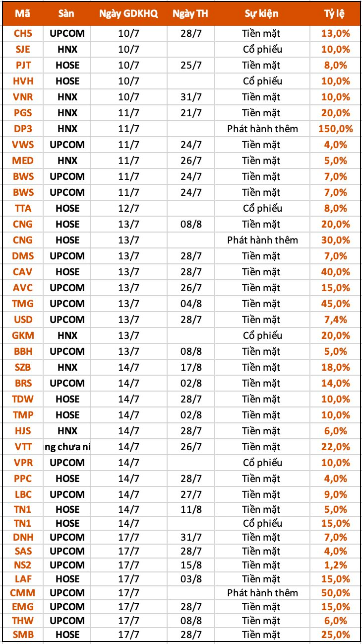 Lịch chốt quyền cổ tức, phát hành thêm tuần 10-14/7: Gần 30 doanh nghiệp trả cổ tức tiền mặt, cao nhất 45% - Ảnh 1.