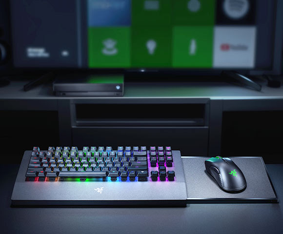 A black keyboard with rainbow-lit keys next to a matching mouse.