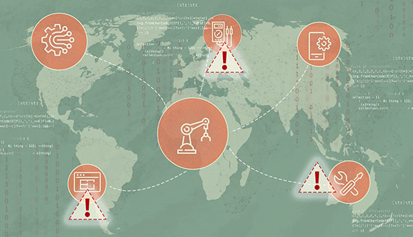 An orange world map overlaid with a network of connected products and computer code, plus two exclamation points in triangles.