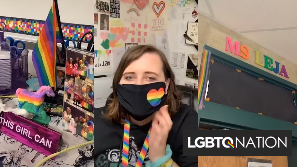 Classrooms shown full of gay flags and props.