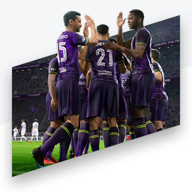 Key art for Football Manager 21 featuring a soccer team in a celebratory huddle.