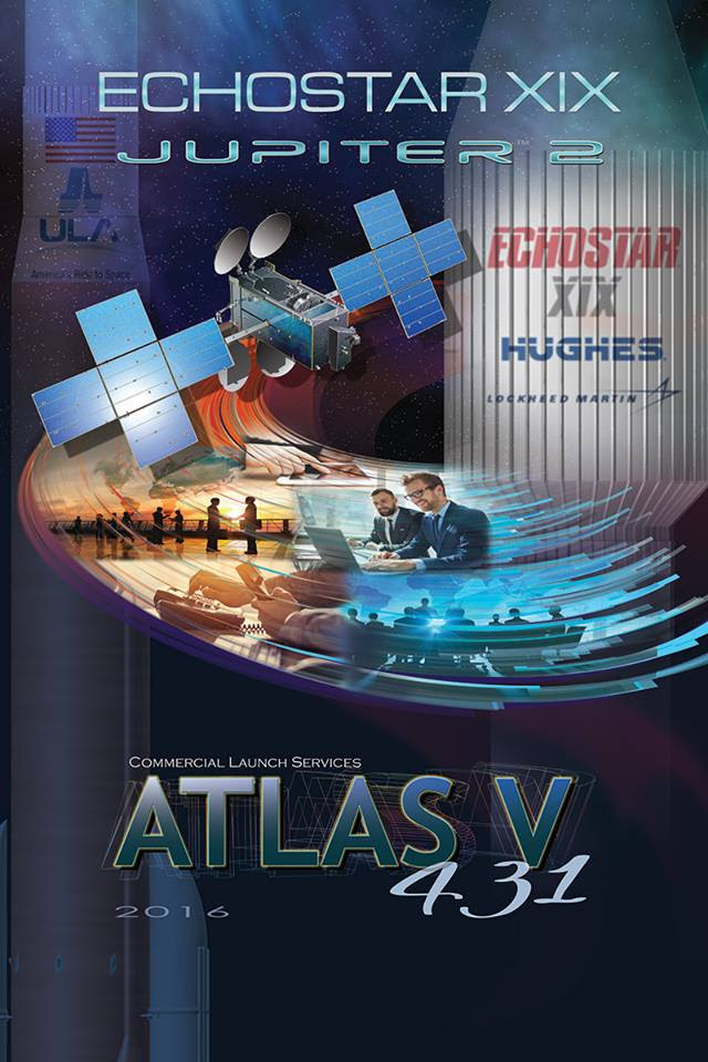 Artwork for ULA Atlas V launch of EchoStar 19 high speed Internet satellite on Dec. 18, 2016 from  Canaveral Air Force Station, Florida.  Credit: ULA