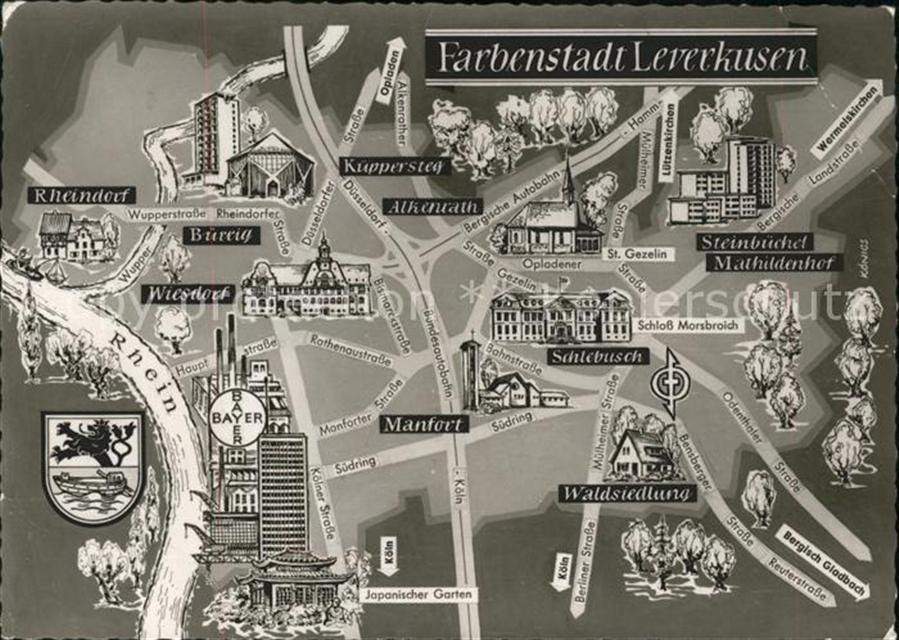 Finden sie jedes ziel im online stadtplan mit dem straßenverzeichnis von leverkusen. 41607254 Leverkusen Farbenstadt Karte Stadtplan Leverkusen Ansichtskarten Center Onlineshop
