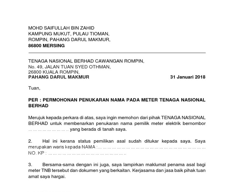 Surat Rasmi Permohonan Bekalan Air - Kuora v