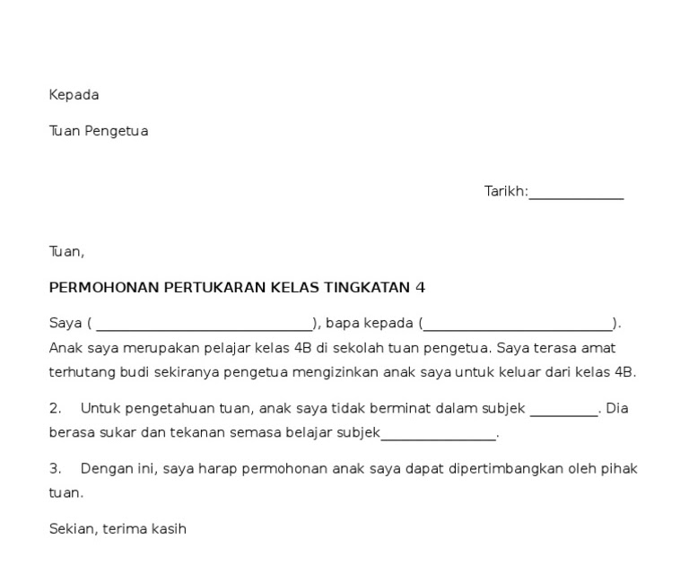 Surat Rayuan Pertukaran Kelas Tingkatan 4 - Sample Site n