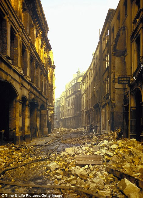 Ghost town: A road in London lies covered in rubble