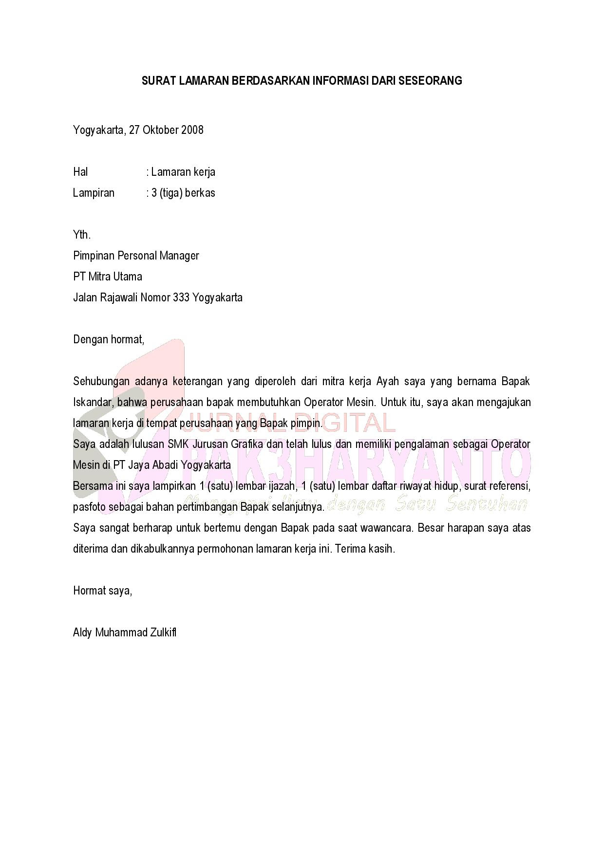 Contoh Cover Letter Fresh Graduate Bahasa Indonesia 