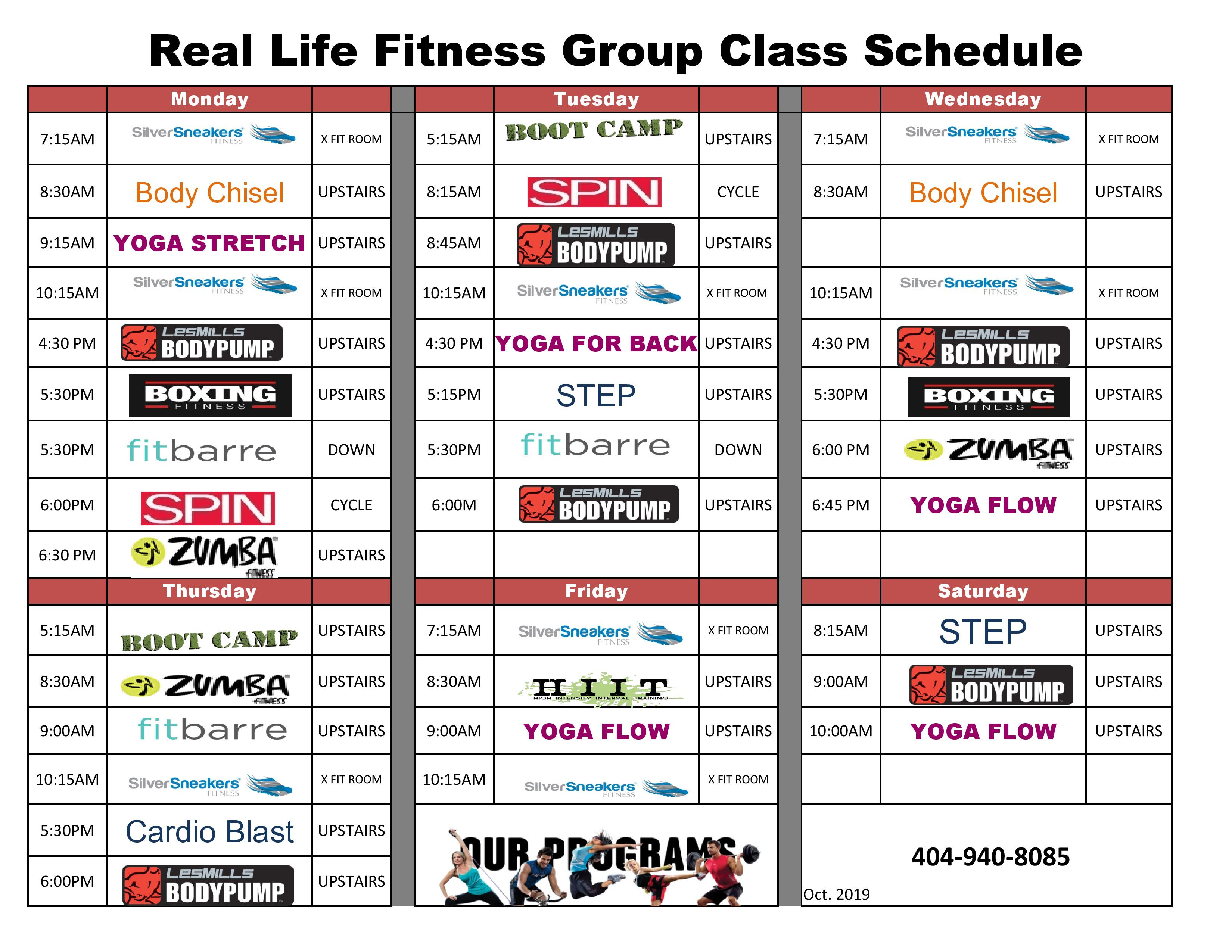 Assignments to this class are made for students with special needs in physical activities focusing primarily on acute and chronic physical limitations. Real Life Fitness 2018 Group Fitness Schedule Page 001 Real Life Fitness