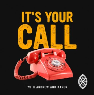 Graphic image of the words "It's your call" in yellow writing, above an old fashioned red telephone.