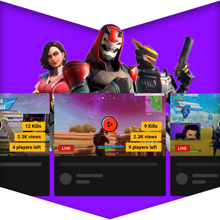 Three Fortnite characters over a selection of Fortnite streams