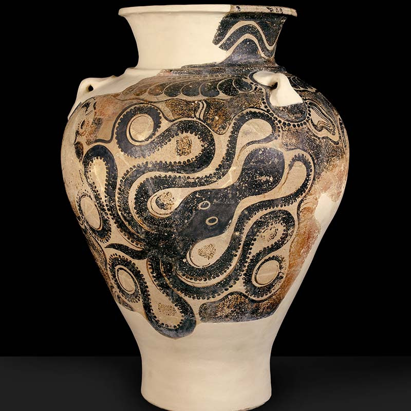 A large ceramic jar which depicts an octopus with six arms swimming in an abstract seascape