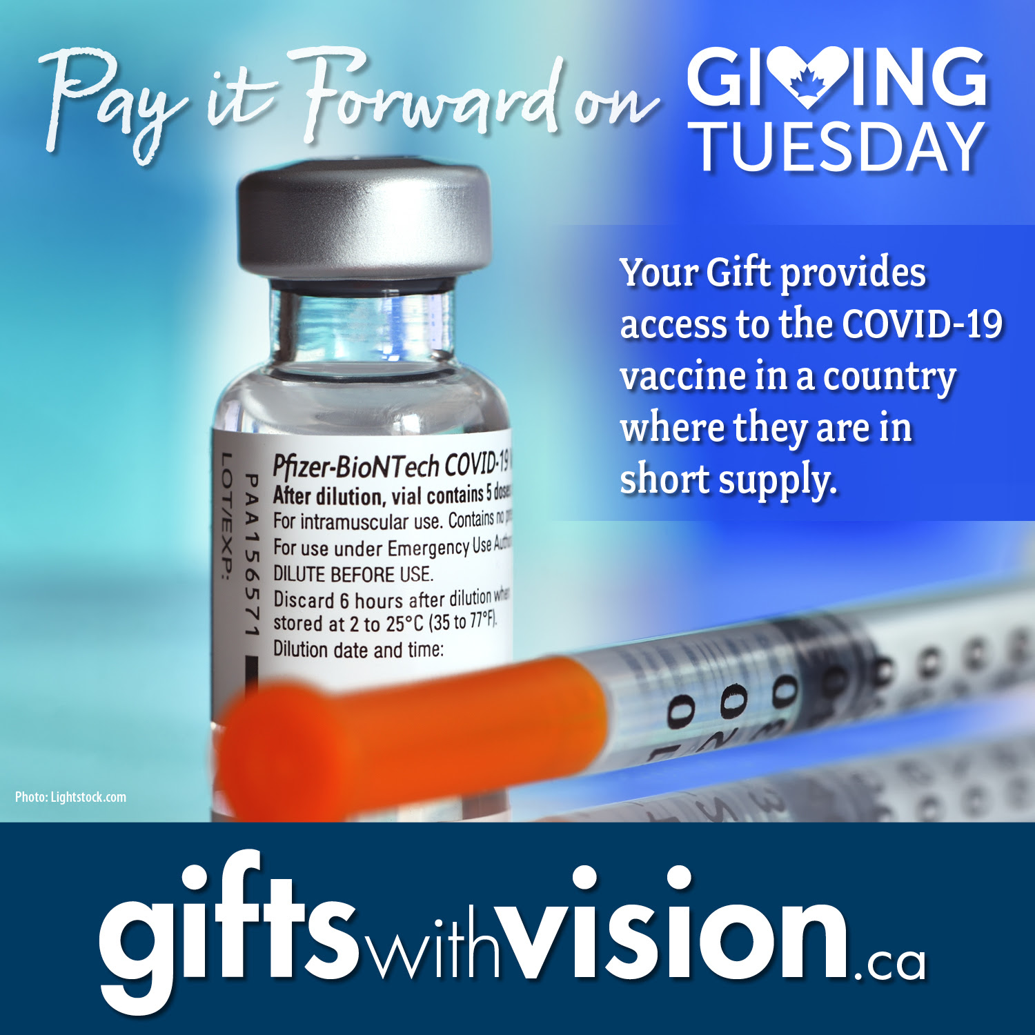 Image showing a vial of the COVID-19 vaccine and a syringe, with "Pay it Forward" and "Gifts with Vision" in white letters.