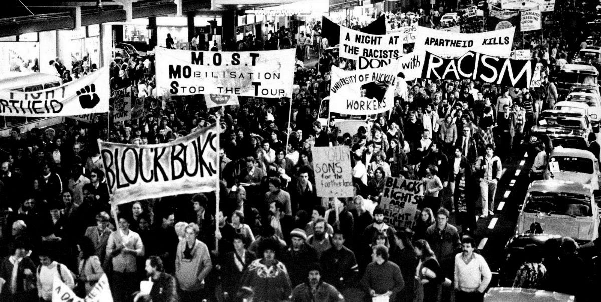 Old black and white photos of anti-apartheid protests.