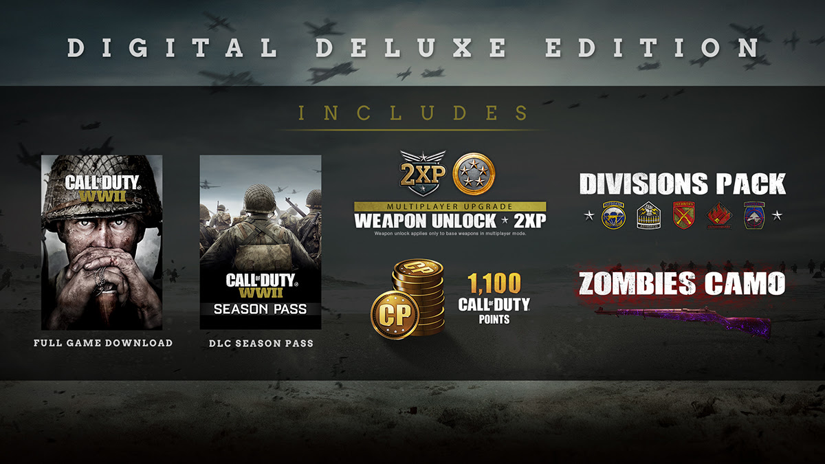 DIGITAL DELUXE EDITION | INCLUDES CALL OF DUTY® WWII FULL GAME DOWNLOADED | CALL OF DUTY® WWII SEASON PASS DLC SEASON PASS | 2XP MULTIPLAYER UPGRADE WEAPON UNLOCK * 2XP Weapon unlock applied only to base weapons in multiplayer mode. | 1,100 CALL OF DUTY® POINTS | DIVISIONS PACK | ZOMBIES CAMO