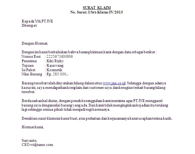 Contoh Surat Pernyataan Jne Contoh Surat