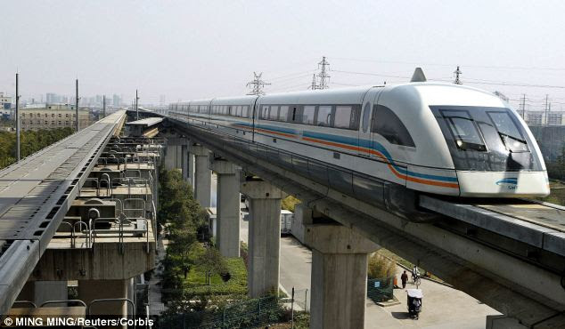 Maglev technology is already used in high-speed railways, such as Shanghai's Maglev Train (pictured), which has a top operational speed of 268mph (431km/h). But the monorail is the ultimate refinement of the system