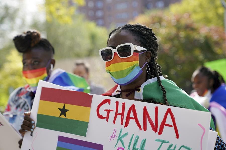 Wilhemina Nyarko attends a rally against a controversial bill being proposed in Ghana's parliament that would make identifying as LGBTQIA or an ally a criminal offense punishable by up to 10 years in prison, in the Harlem neighborhood of New York on Monday, Oct 11, 2021. "It's a scary bill," says Nyarko, who is from Ghana and has lived in New York for thirty years. "I felt I needed to come and support this." (AP Photo/Emily Leshner)