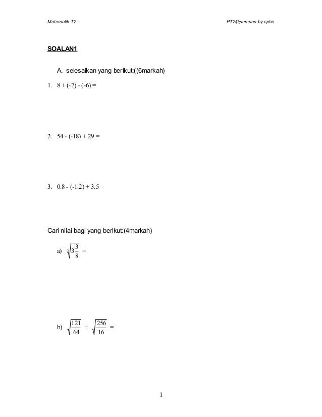 Free Download Soalan Matematik Tingkatan 1 - Kerja Kosm