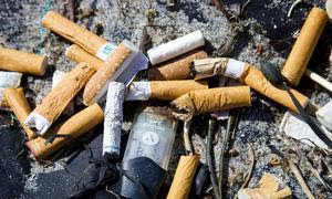 Colillas de cigarrillos y cápsulas de vapear encontradas durante la limpieza de una playa en Estados Unidos.