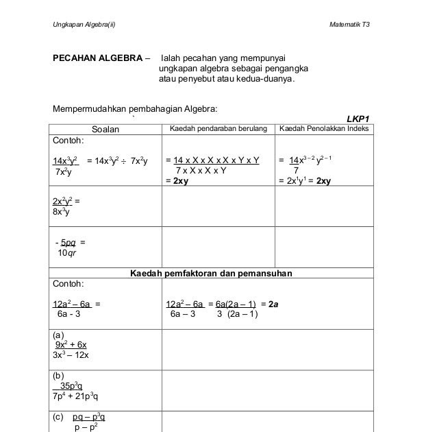 Contoh Soalan Algebra - Terengganu t