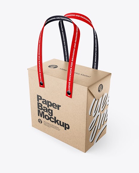 Download Eco Packaging Mockup - Kraft Paper Box Bag With Textile Handles Mockup Half Side View