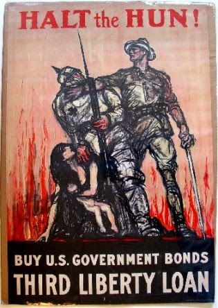 La propaganda per farci odiare coloro che i sionisti desiderano che combattiamo non è iniziata con l'Iraq: un poster della prima guerra mondiale, che illustra la comune ma assolutamente falsa caratterizzazione dei tedeschi come i cosiddetti Unni che minacciano le donne