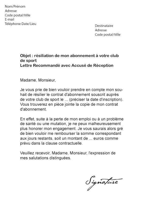 Vous trouverez ici des modèles de lettres de résiliation et des informations concernant le délai du préavis à donner lorsque vous souhaitez quitter un logement de même que concernant les autorités de conciliation en matière de bail à loyer. Modele De Lettre Resiliation Salle De Sport