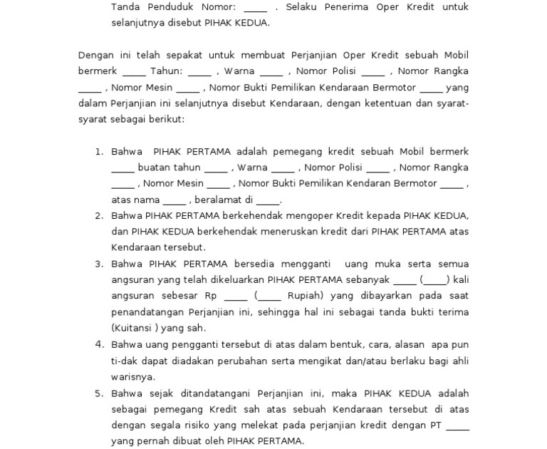 Contoh Surat Perjanjian Over Kredit Mobil Bawah Tangan Contoh Surat