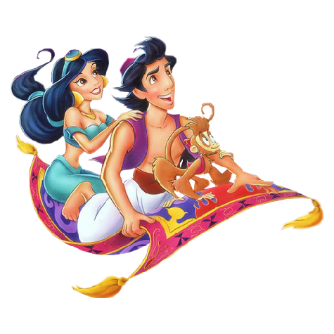 Alfabeto animado de Aladino y Jasmine sobre alfombra 