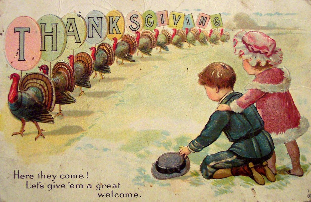 Thanksgiving postcard showing a little boy and girl watching a processing of turkeys with the banner "Thanks giving" above the turkeys.