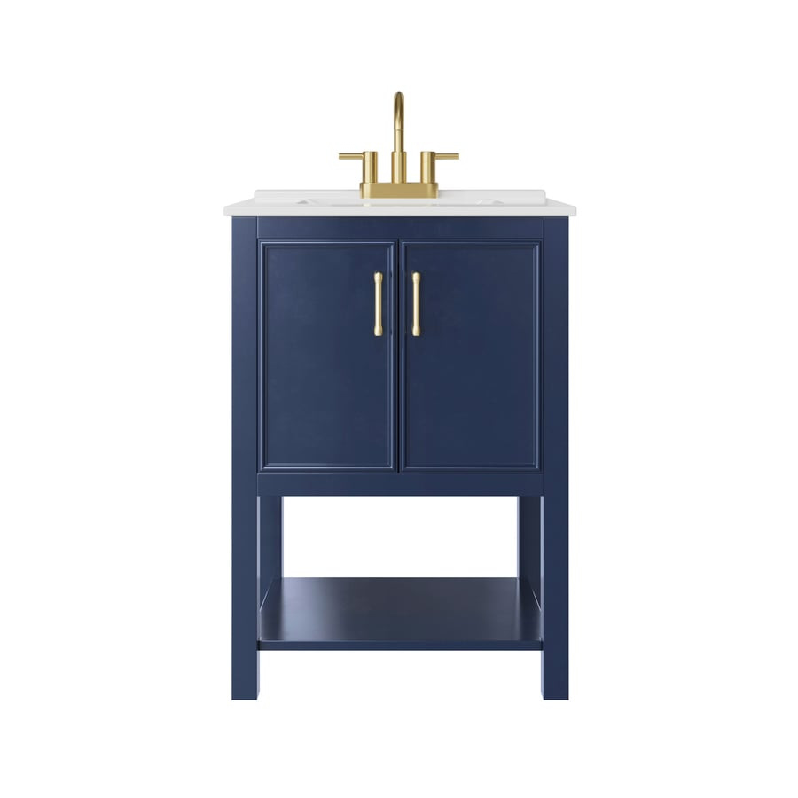 The most common blue bathroom sink material is porcelain & ceramic. Allen Roth Presnell 24 In Navy Blue Single Sink Bathroom Vanity With White Porcelain Top In The Bathroom Vanities With Tops Department At Lowes Com