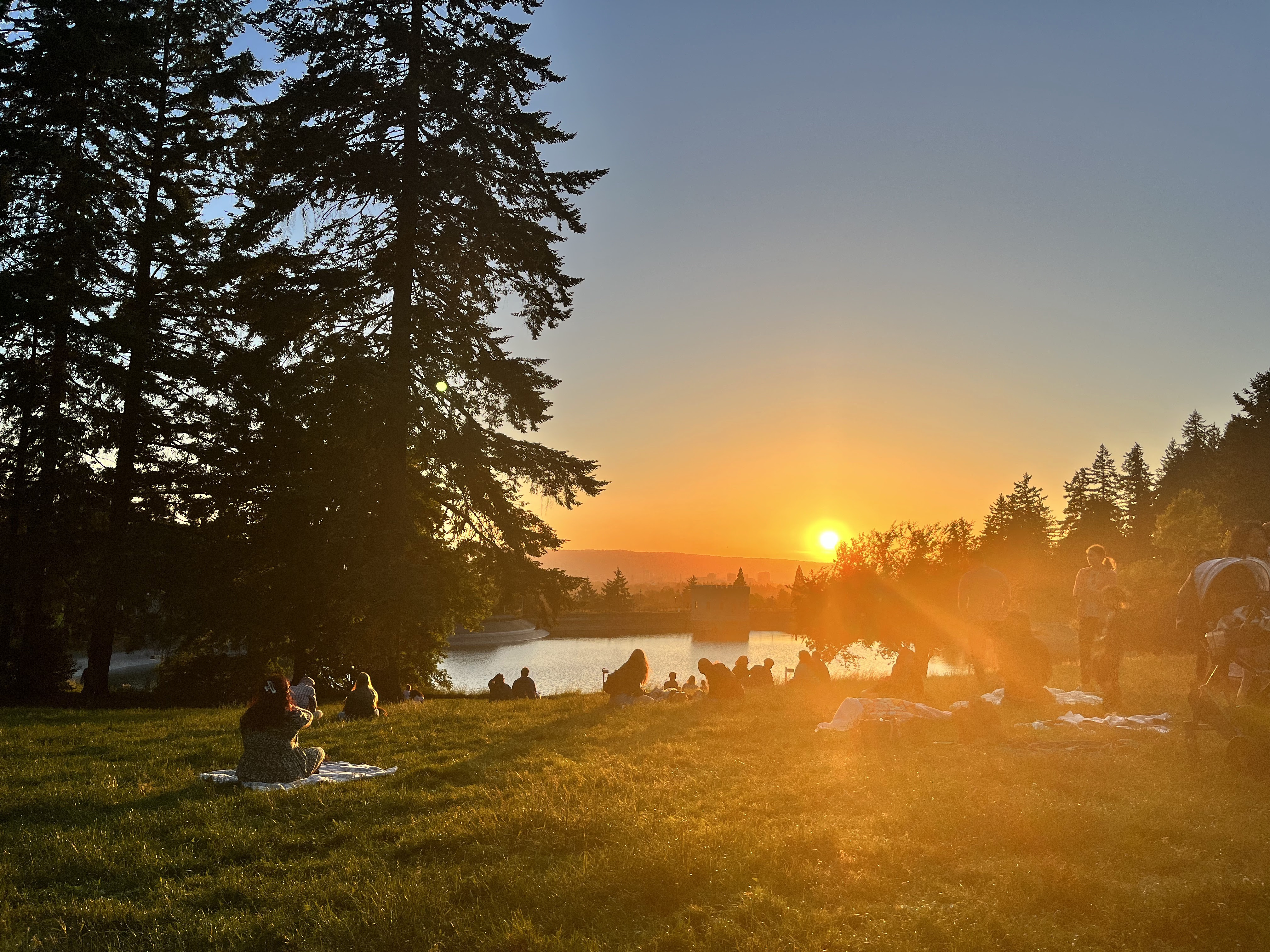 The sun is setting beneath a hill in the background, in the foreground is a park where many people are sitting on blankets, with pine trees surrounding a small body of water