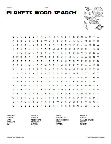 Using solar system crossword puzzle, students use the clues about space to fill in the crossword puzzle with the missing words. Planets Word Search Free Printable